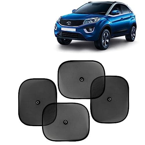 KINGSWAY Car Window Curtain Sticky Sun Shades Compatible with Tata Nexon, (Year 2017-2019), Universal Fit Sunshades for Side Window, Rear Window, Black Color, 4 Pieces