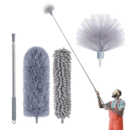 IVYROLL Cobweb Duster with Extension Pole, 100'' Microfiber & Chenille Ceiling Cleaner Kit, Reusable Feather Duster, Bendable, Washable