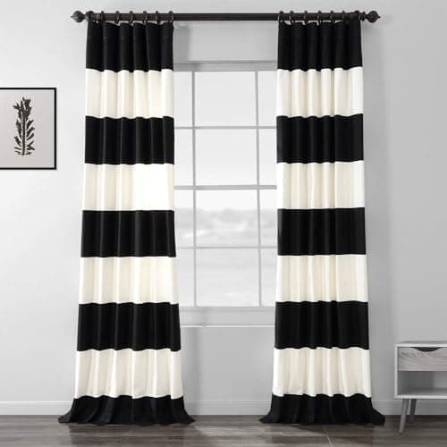 HPD Half Price Drapes Horizontal Striped Printed Curtains Cotton Curtains, 120 Inches Long (1 Panel) Room Darkening Window Curtains for Bedroom & Living Room, 50W x 120L, Black and Off White