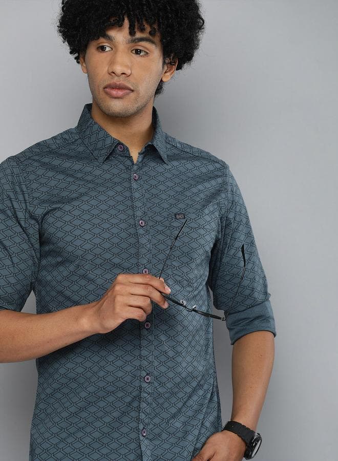 Men Charcoal Printed Spread Collar Shirt