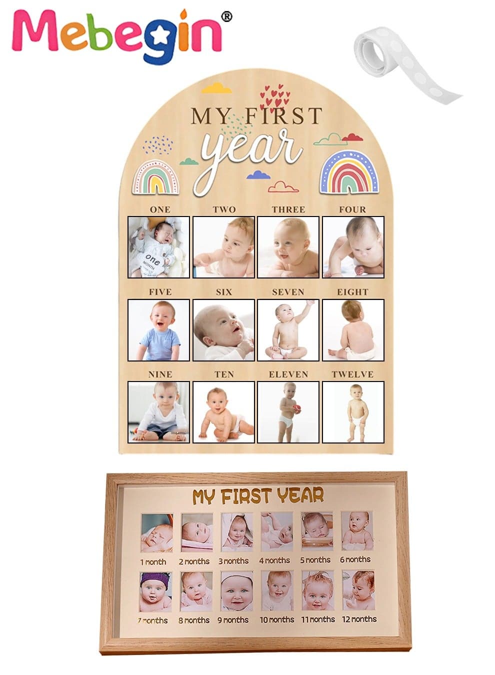 Baby Keepsake Frame with Non-trace Adhesive Patch, My First Year Milestone Photo Frame, Wood Acrylic 1st Birthday Decor, Creative Baby Age Stages Photo Board, 12 Monthly Baby Photo Display, Personalized Newborn Photo Frame