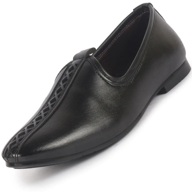 FAUSTO FST FOSME-2135 BLACK-42 Men's Black Ethnic Slip On Stripe Juttis and Mojaris for Wedding|Party Slip-On|Traditional Kurtas Shoes|Festive Slip On Shoes (8 UK)