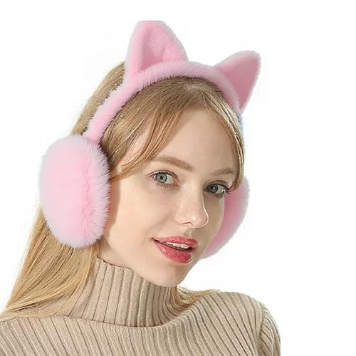 Tomorrow Fashion Winter Earmuffs for Women & Girls | Soft Furry Fleece Ear Warmers | Knit Ear Covers | Foldable, Lightweight Ear Muffs for Cold Weather, Outdoor, Travel Use (CAT-HAIRBEND, PINK)
