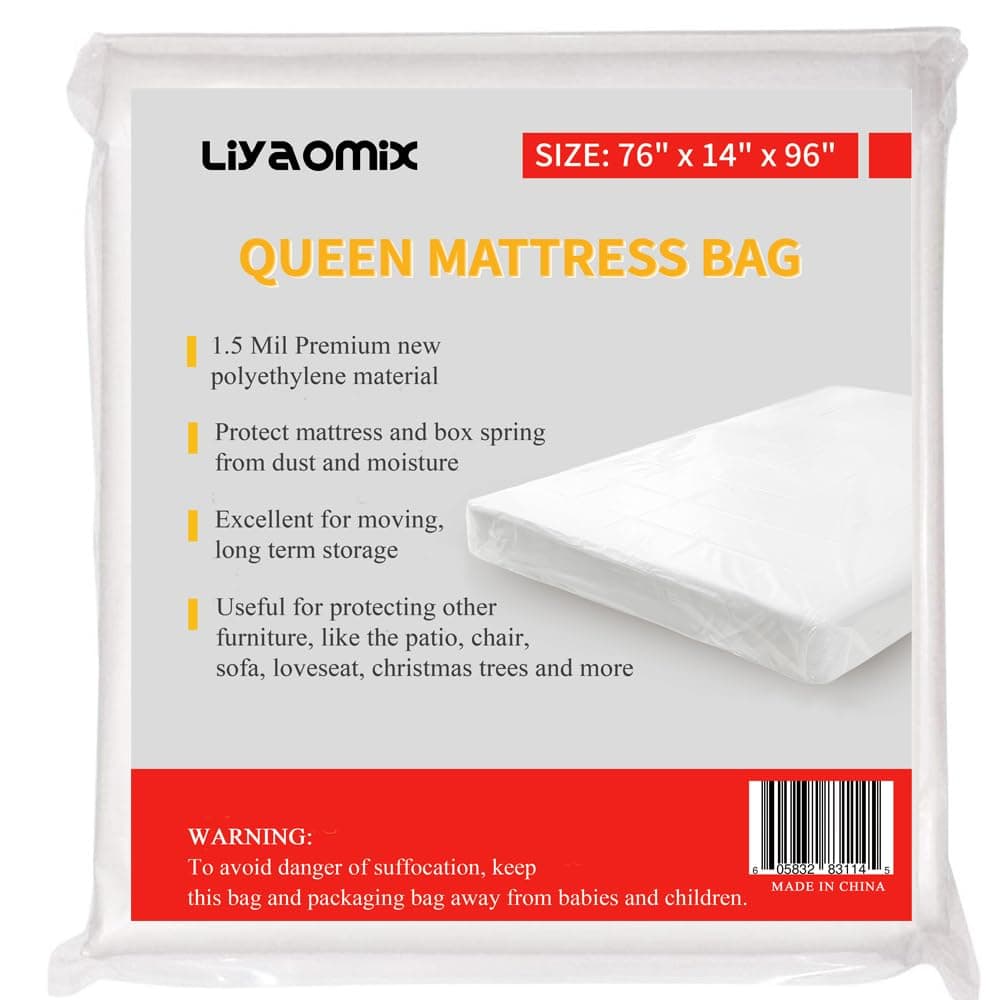 Liyaomix Queen Mattress Bag for Moving and Disposal 15 Mil 76 x 96 Clear Waterproof Plastic Mattress Cover Mattress Protector for Queen Size Bed