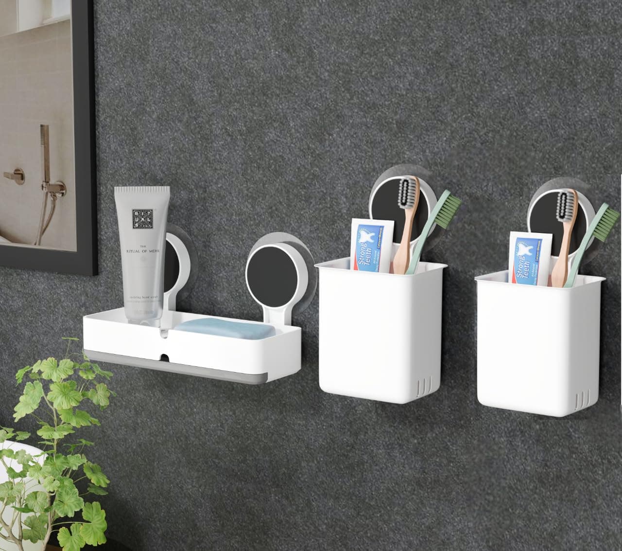 ELMVIA ABS Plastic Toothbrush Holders For Bathroom Wall/For Wash Basin/Toothpaste Holder/Brush Stand Brush Holder/Brush Holder (2PCS Toothbrush Holder + Twin Soap Dish)