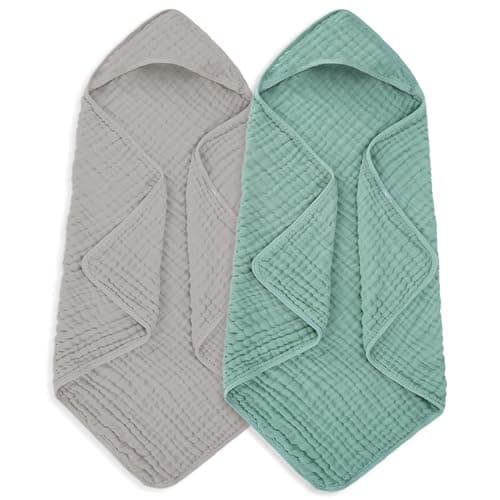 MIGIOL Muslin Hooded Baby Towels 100 Cotton Super Soft Muslin Baby Bath Towel 32 x 32 Inches Suitable for Newborn and Young Children up to 3 Years Old Grey Green
