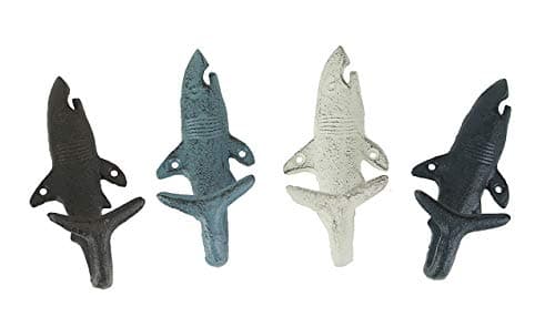 Set of 4 Cast Iron Shark Tail Wall Hooks - Nautical Beach-Themed Bathroom Towel and Coat Hanging Decor - Functional and Colorful Stylish Coastal Charm
