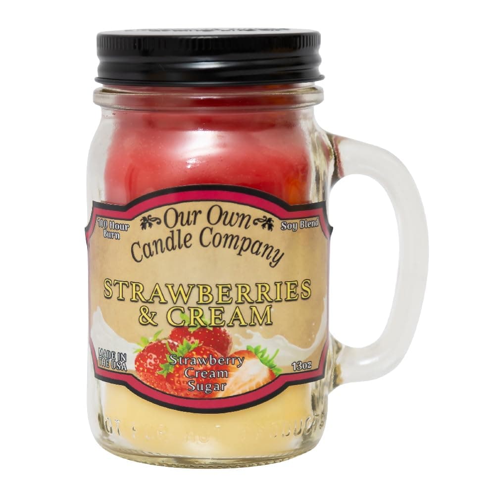 Our Own Candle Company Strawberries Cream Scented Mason Jar Candle 100 Hour Burn Time Made in The USA 13 Ounces