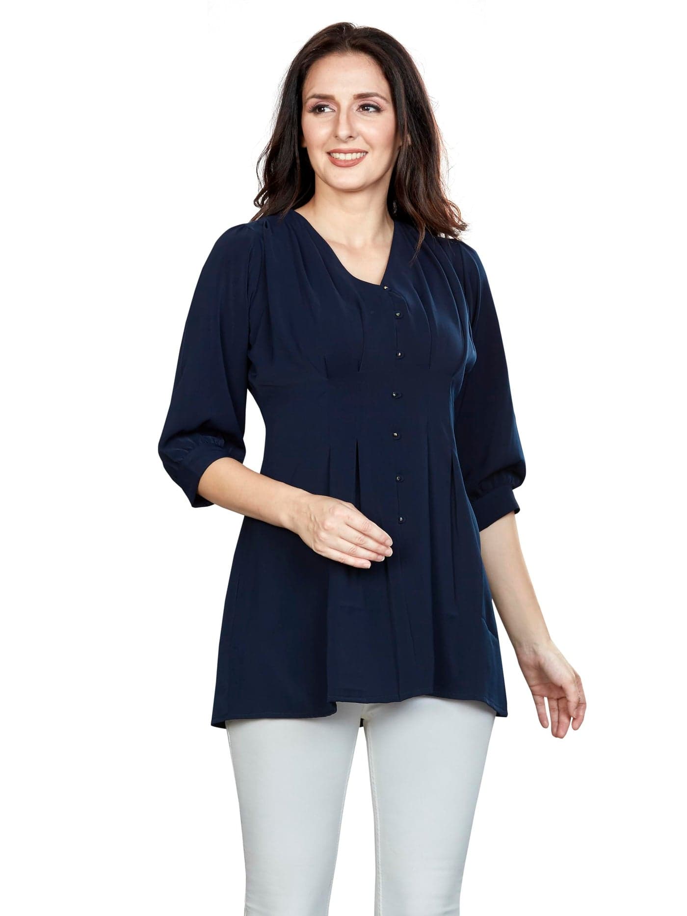 nioni Women’s Fashionable Pleated Tunic | Rayon Lycra Material | 3/4th Baloon Sleeve | V-Neck Short Kurta for Woman & Girls(Neavy Blue, XL)