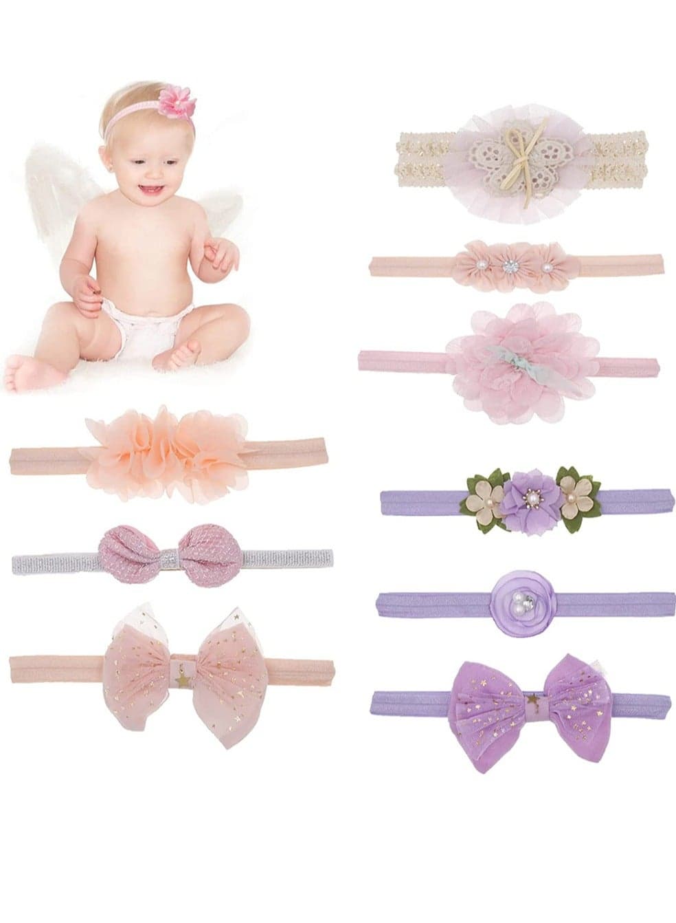 9pcs Baby Girl Headbands with Grosgrain Ribbon Faux Leather Stars, Bandana Headband Bow Elastic Soft Wide for Newborn