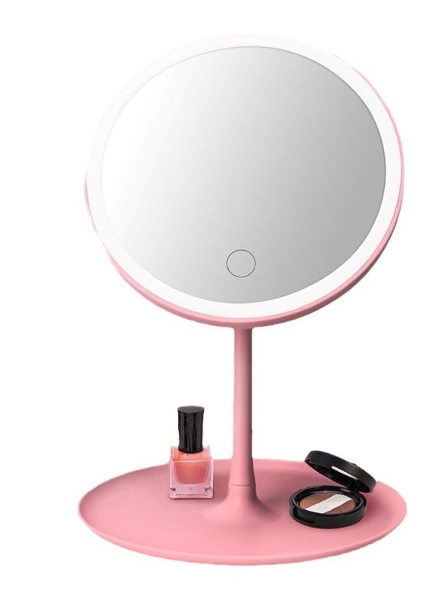 Round Adjustable LED Makeup Mirror with Storage Tray Pink