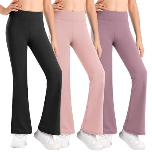 Stelle Girl's Flare Leggings High Waisted Yoga Pants Bootcut Dance Casual Pants Activewear Kids Bell Bottoms(Black/Pink/Dusty Lavender,L)