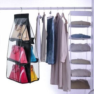 Manashree Enterprise 6 Pockets Pouch Hanging Handbag Organizer Clear Purse Bag Collection Storage Holder Wardrobe Closet Space Saving Fabric for Living Room Bedroom Cupboards Bathroom Home Use Black