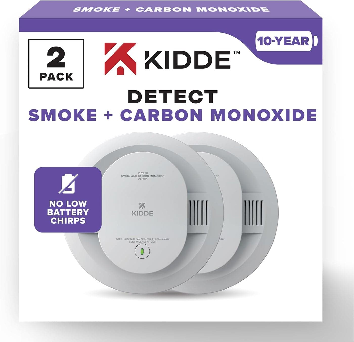 Kidde Smoke Carbon Monoxide Detector 10Year Battery Powered LED Warning Light Indicators 2 Pack