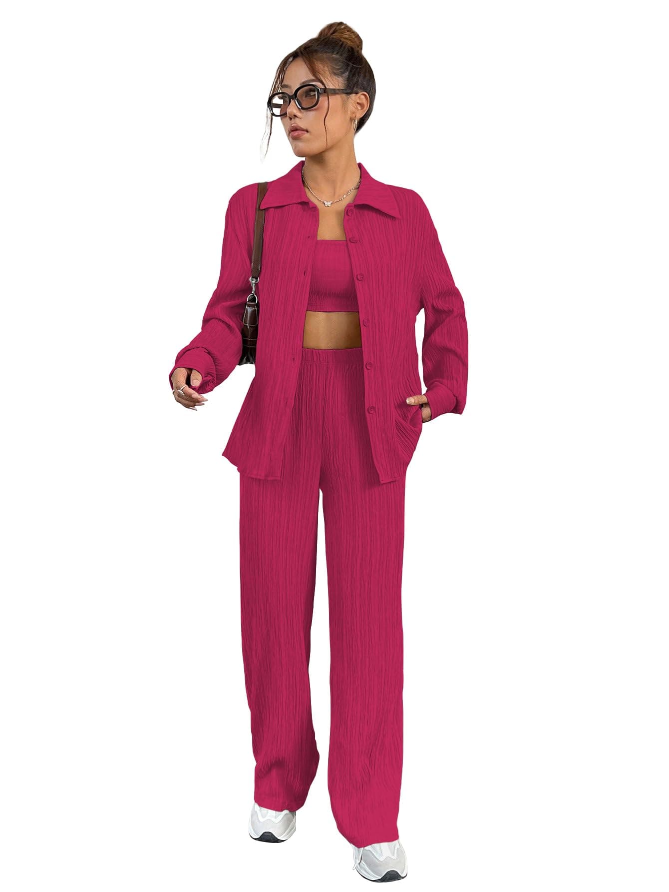Shasmi Women’s Kiwi 3-Piece Co-ord Set – Solid Button Front Shirt, Strapless Tube Top & Wide Leg Pants | Casual Loose Fit Western Outfit for Daily Spring/Fall Wear (Co-Ord-208-Kiwi-M)