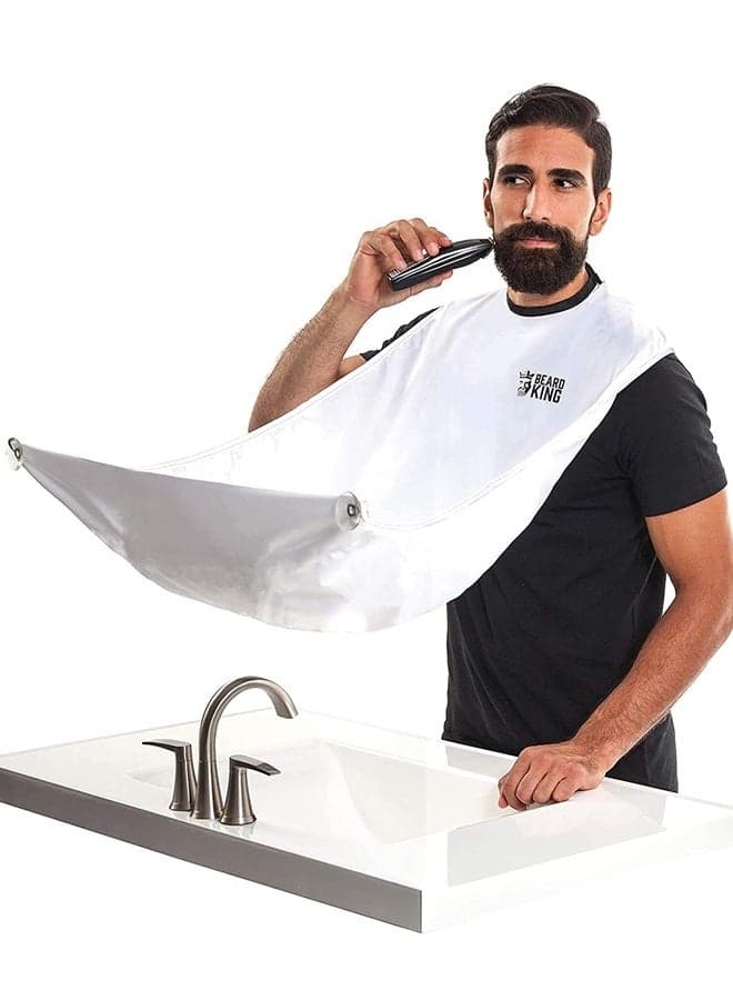Beard King Beard Bib Apron for Men - the Original Cape As Seen on Shark Tank, Mens Hair Catcher for Shaving, Trimming - Grooming Accessories & Gifts for Dad or Husband - 1 Size Fits All, WHITE