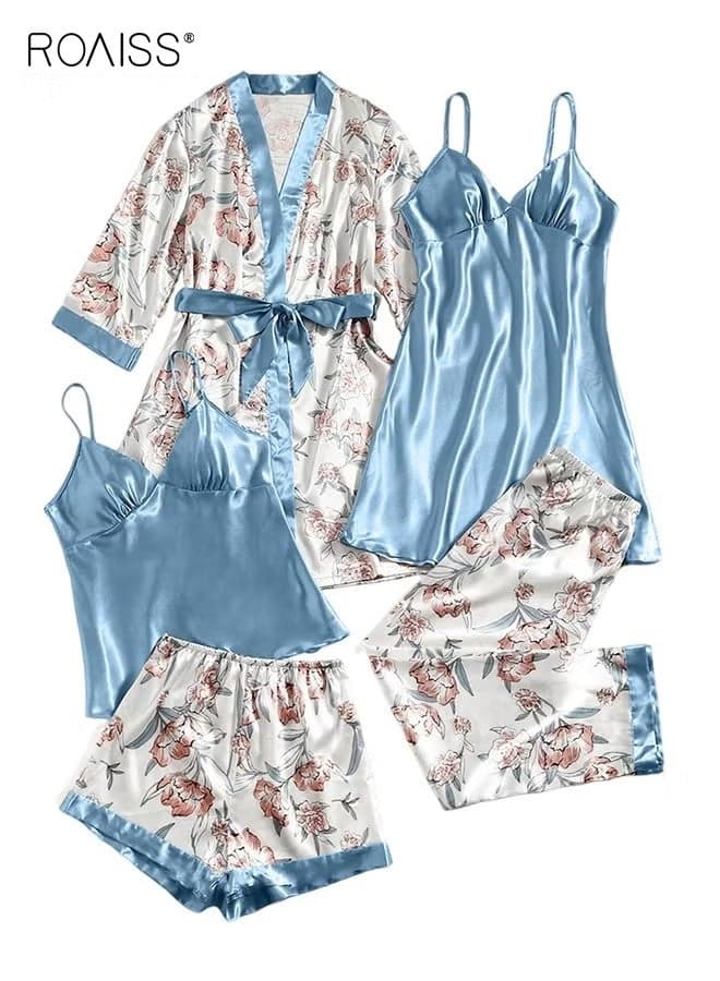 5-Pack Women's Pajama Sets Sweet Floral Printing Homewear Ladies Nightwear Silky Clothes Suits Spring Summer Sleepwear Sling with Chest Pad Nightdress(Suspender Top + Suspender Skirt + Nightgown + Shorts + Trousers)Blue