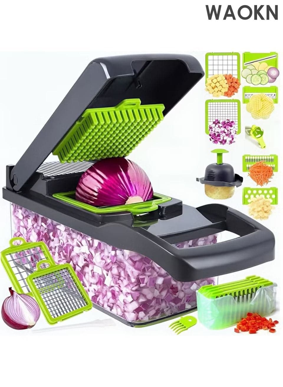 14 in 1 multi-function vegetable and fruit chopper , replaceable blade chopper, slicer set , suitable for home kitchen , Durable and sturdy, safe and convenient , Efficient and fast, saving time , green .