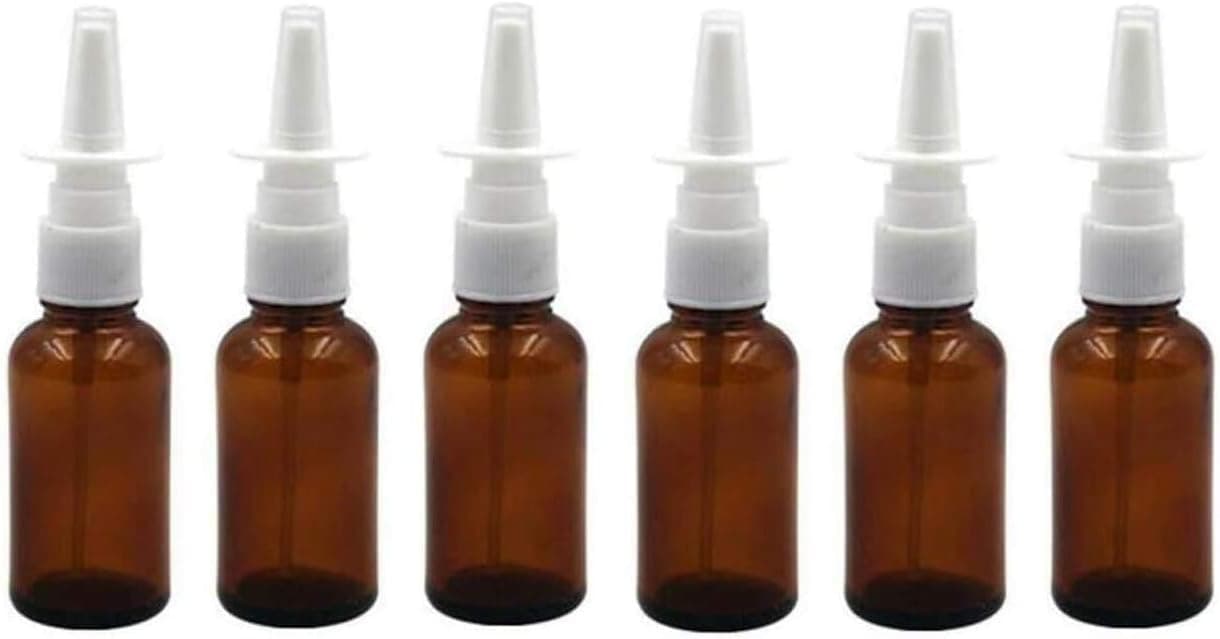 6PCS Empty Refillable Glass Nasal Spray Bottles Fine Mist Sprayers Containers Pump Cleanser for Colloidal Silver Saline Applications (Brown,30ml)