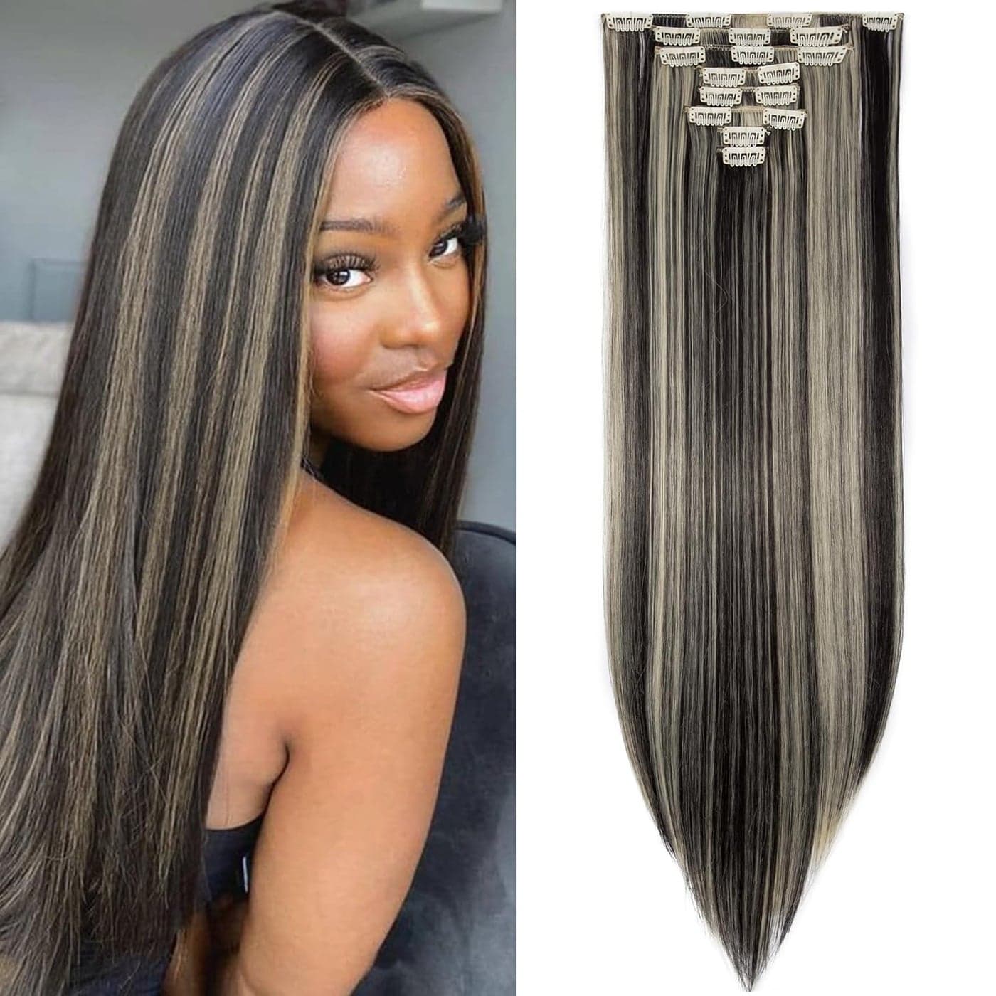 Snoilite Clip in Hair Extension Full Head 8pcs 26 Natural Black Mix Bleach Blonde Highlights Extensions Straight Synthetic Hairpieces for Women 26 Natural Black Mix Bleach Blonde