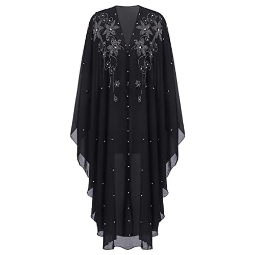 OBEEII Abayas for Women Muslim Abaya Long Sleeve Beaded Embroidery Maxi Dress Loose Full Cover Islamic Dubai Robe Kaftan Abayas BS01 One Size