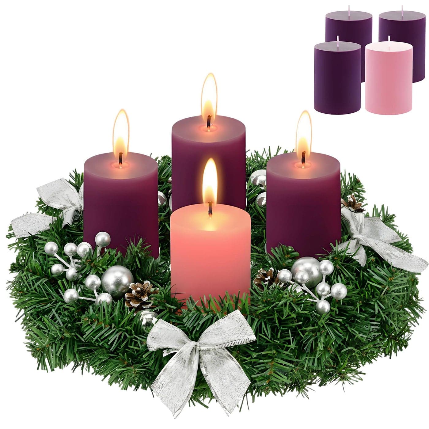 Hotop 5 Pcs Advent Wreath and Candles Set Corona De Adviento Catlica Con Velas Xmas Pine Cone Ribbon Berry Poinsettia Centerpiece Table DecorSilverBow