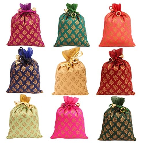 Touchstone Drawstring Bags Traditional Indian Handcrafted in Mimosa leaf Pattern Brocade fabric Perfect for Gifts Jewelry Weddings Sweet Distribution Set of 9 Vibrant Multicolor Pouches Purses Potli
