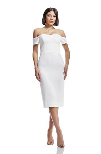 Dress the Population Womens Bailey Off The Shoulder Sweetheart Bodycon Midi Sheath Dress, Off White, Large US
