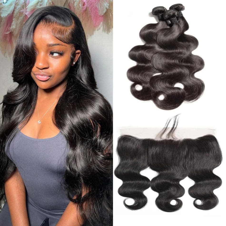 Body Wave 3 Bundles with Frontal Human Hair Unprocessed 100 Human Hair Natural Black Color 13x4 Lace Frontal with Bundles Virgin Human Hair Extensions10 12 14 with 10 Frontal
