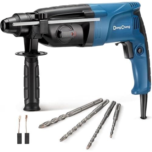 DongCheng 1 Inch SDSPlus Rotary Hammer Drill with Safety Clutch 67Amp Heavy Duty Corded Demolition Hammer for Concrete 1200 RPM 30 Joules Including 4pcs Drill Bits