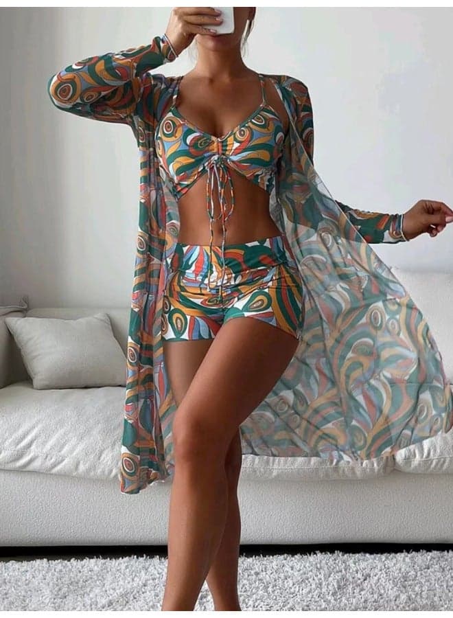 2023 European And American Swimwear Women's Split Three-piece Set High Waist Swimwear Beach Blouse Holiday Bikini-Color:Dark Green-