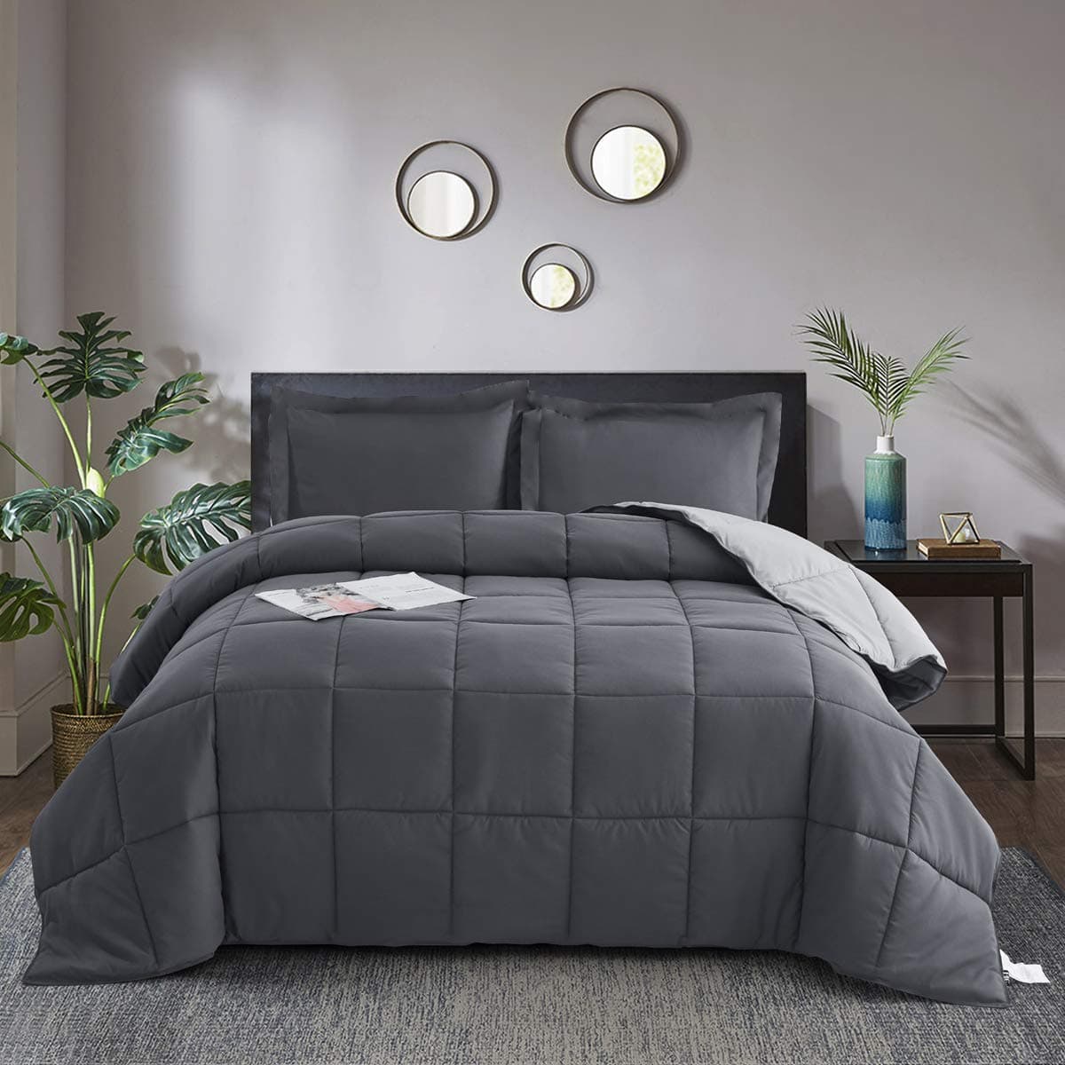 HIG 3 Pieces Grey California King Comforter Set Modern Breathable Box Stitched Duvet Insert with 2 Shams Soft Fluffy All Season Reversible Comforter Set Blanket with Corner Tabs for Bedroom