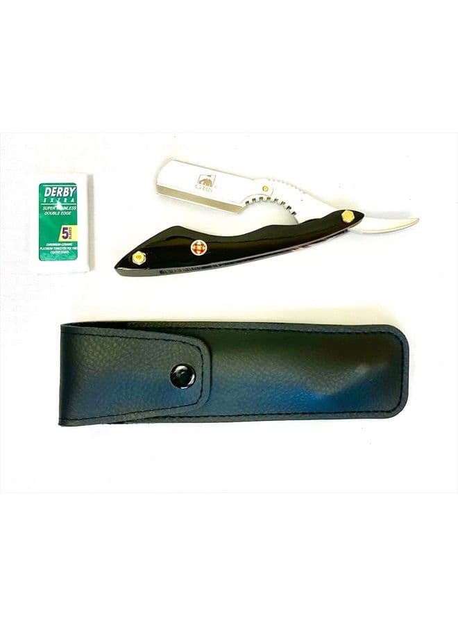 Barber Straight Edge Interchangeable Razor Shavette, Long Black Horn Handle and Stainless Arms Safety Lock and Pack of 5 Blades