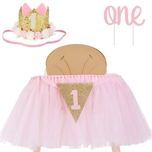 1st Birthday Girl Decoration High Chair Tutu Skirt WITH No1 Crown 1st Birthday Decorations Cake Smash for Baby Girls First Birthday Banner Princess Crown and ONE Cake Topper in Baby Pink n Gold
