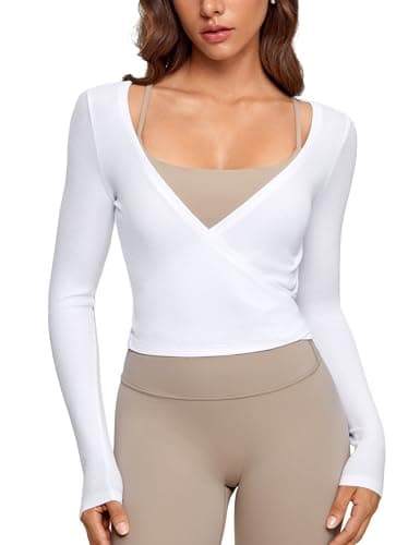 INGIA Womens V-Neck Long Sleeve Cross Wrap Top Slim Fit Soft Knit Layering Shirt Casual Yoga Gym Bandage Tie Tops White X-Large