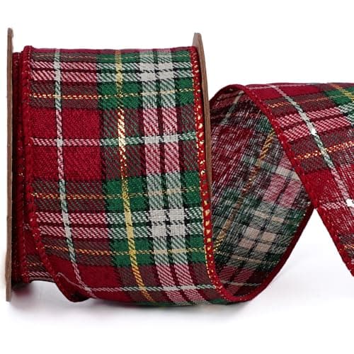 LaRibbons Green and Red Plaid Ribbon Wired 25 Inch x 10 Yards Christmas Ribbon Wired for Xmas Tree Bow Wreath Gift Wrapping Home Decor