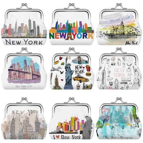 Yeyeplum 9 Pcs New York Souvenir Coin Purse Bulk for Women Souvenirs Gifts Change Wallet City Travel Vintage Kiss Lock Change Purses Bulk for Ladies Women Mother Teacher