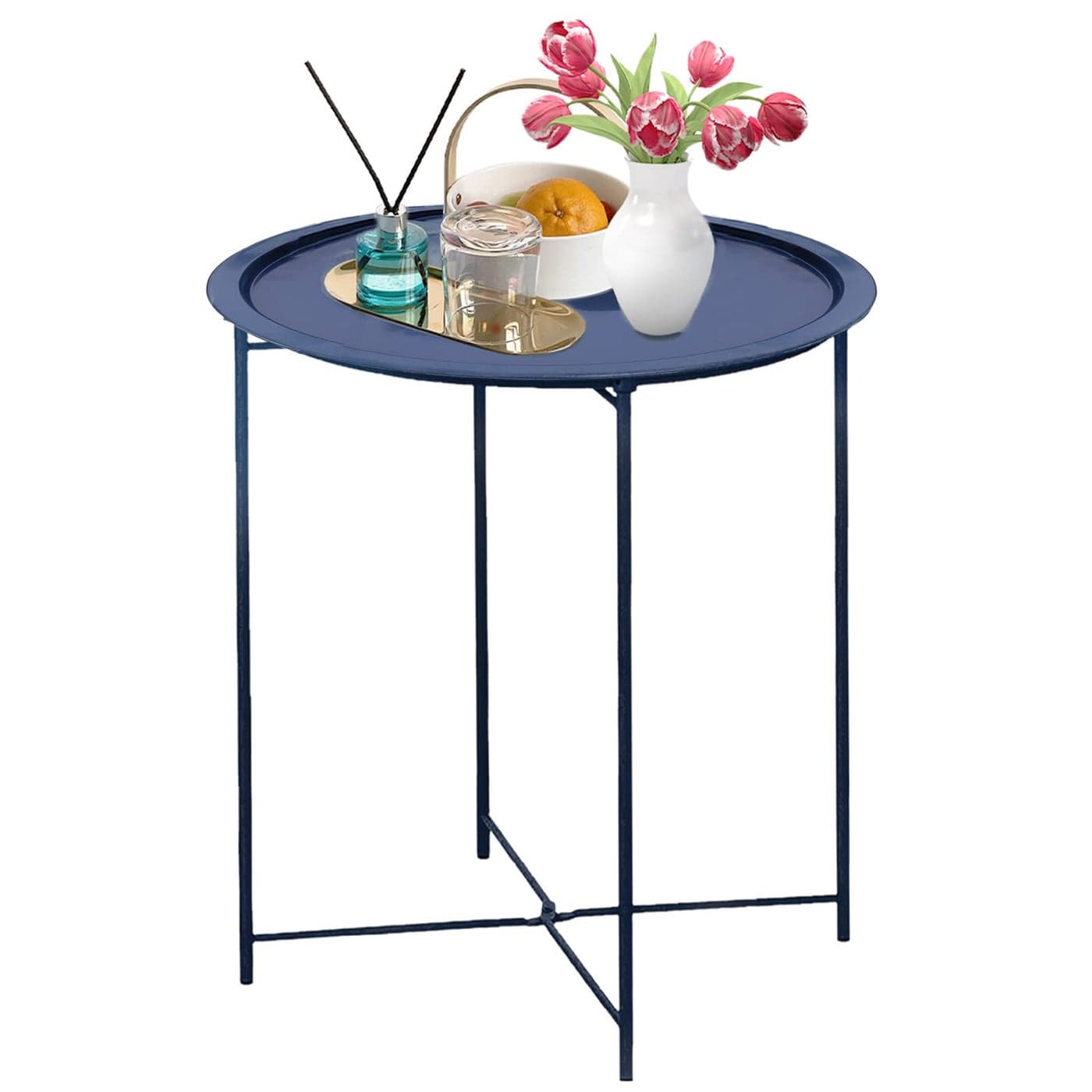 Garden 4 you End Table Metal Side Table Blue Round Folding Tray Cyan Sofa Small Accent Foldable Table Round End Table Tray Next to Sofa Table Snack Table for Living Room and Bed Room