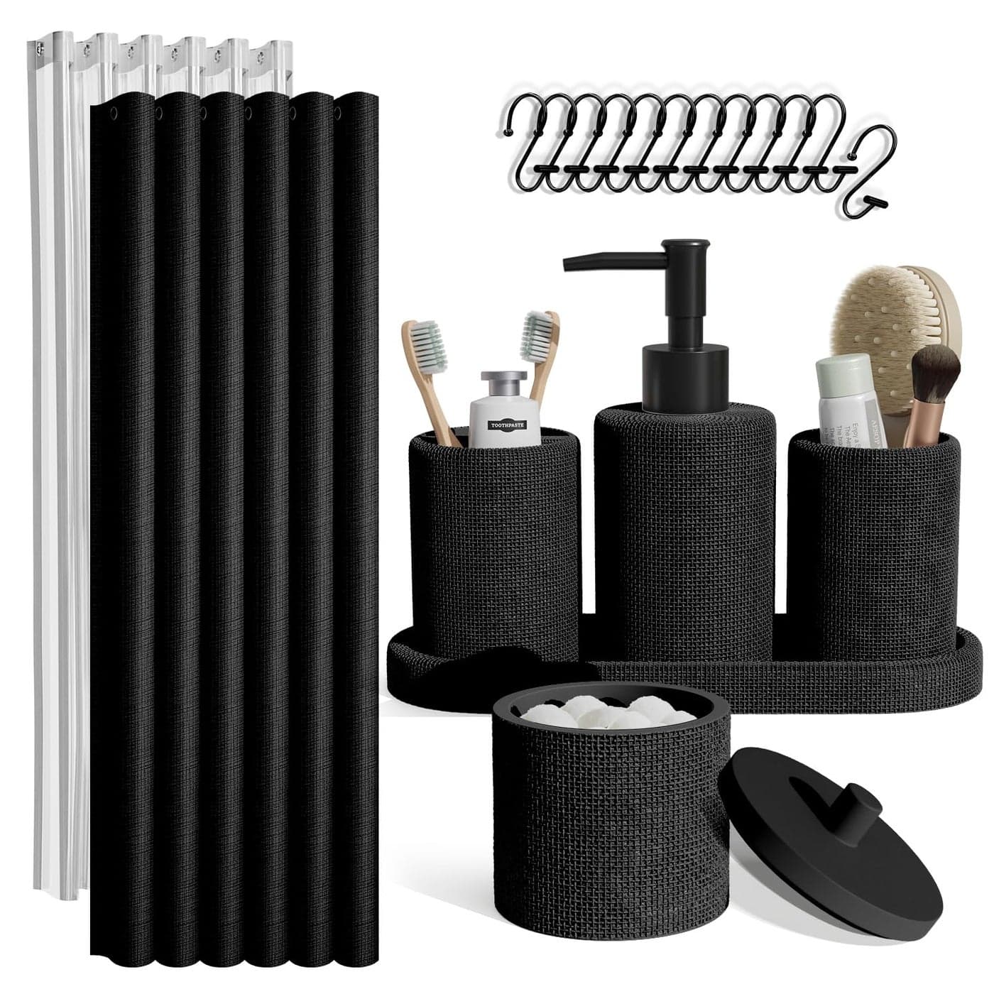 Clara Clark Bathroom Set Black Bathroom Accessories Set 19PC Bathroom Accessory Set Bathroom Sets with Shower Curtain Set Soap Dispenser Toothbrush Holder