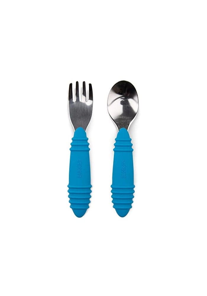 Bumkins Toddler Utensils Kids Size Fork and Spoon Set Silicone and StainlessSteel Training Silverware Angled Forks Sporks for SelfFeeding Children Hold Learning to Eat 18 Mos Up Dark Blue