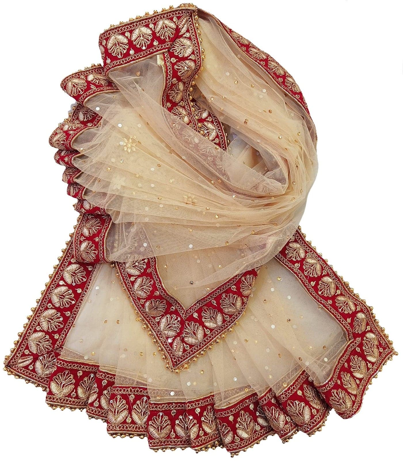 Navti Creations Wedding Bridal Women's Golden Net Dupatta With Red Resham Embroidery Border (Full Stone work, Length -2.25m, Border Width -5.5cm, 4side moti lace) (Golden-Red)