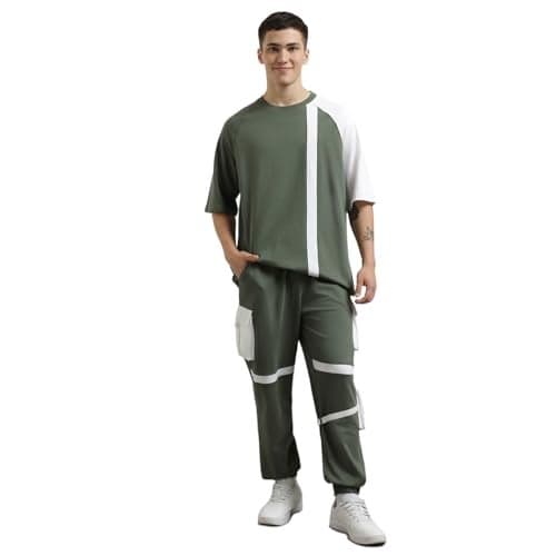 NOBERO Men Cotton Blend Solid Colorblock T-Shirt With Joggers, Olive, XL