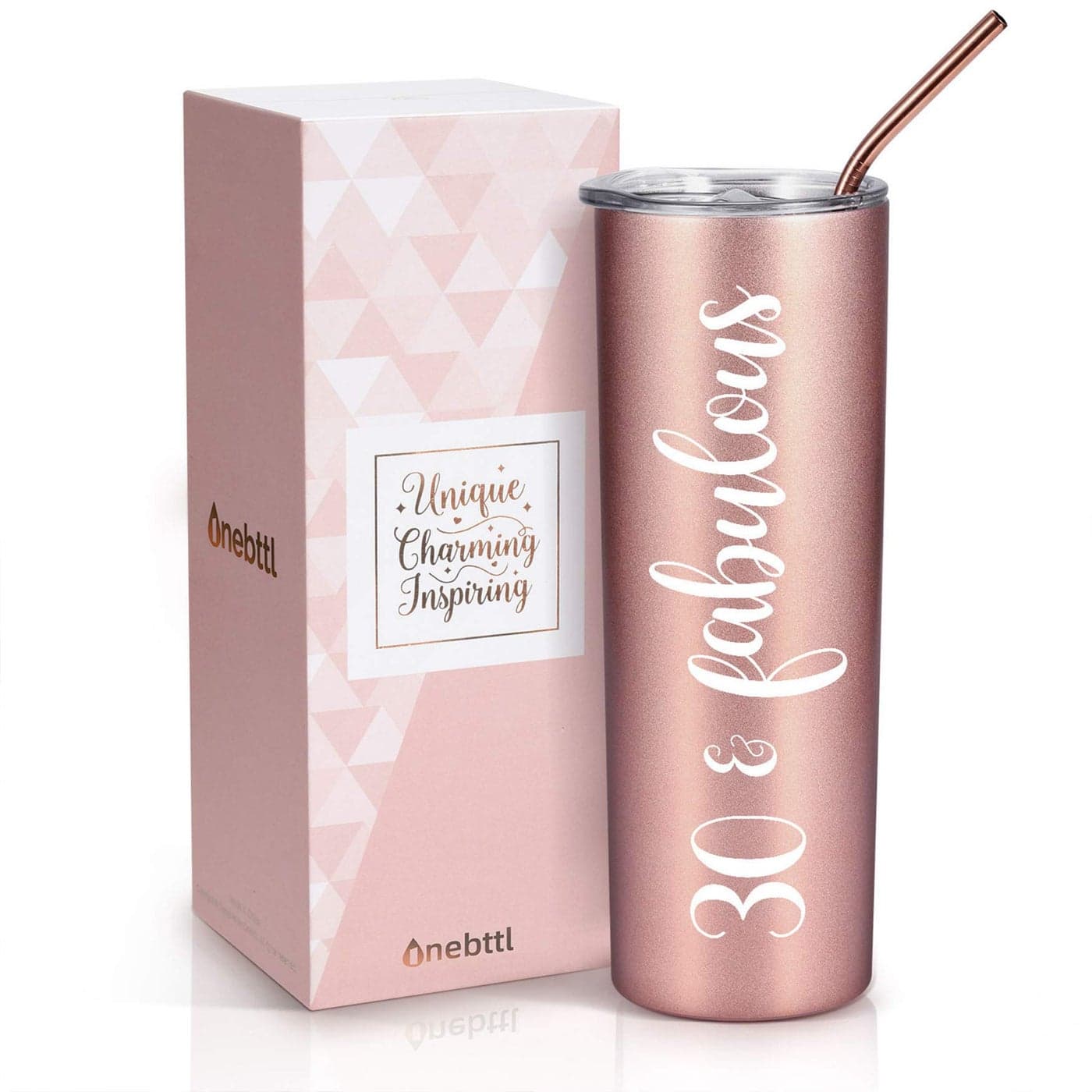 Onebttl 30th Birthday Gifts for Women Female Her 30 and Fabulous 20oz590ml Stainless Steel Insulated Tumbler with Straw Lid Message Card Rose Gold