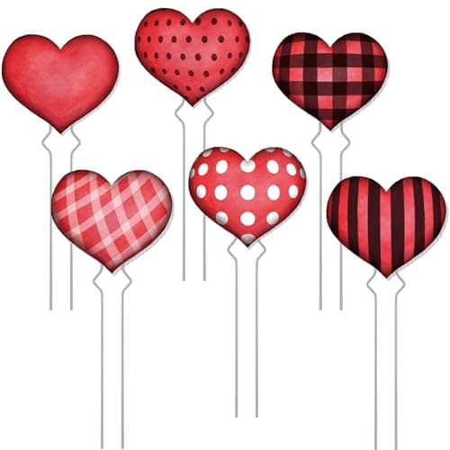 Briwooody 6 Pcs Valentine's Day Heart Planter Stake Hollow Heart Garden Metal Stake Sign Corrugated Plastic Valentine's Day Outdoor Decor for Indoor Outdoor Patio Plant Pot, Flower Bed(Retro Style)