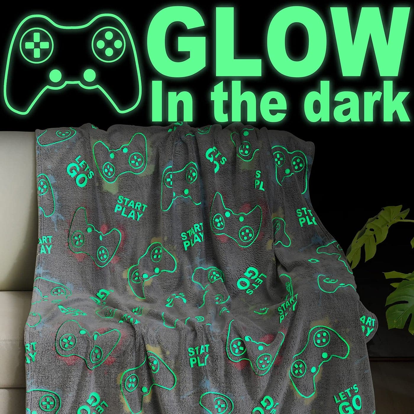 Jekeno Glow in The Dark Gaming Blanket Gamer Game Controller Throw Gift Toys for Boys Adults Men Women Gamepad Presents Birthday Halloween Christmas Bedroom Decor Luminous Blanket Grey 60x80