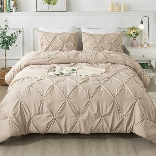 Andency California King Comforter Set Khaki 104x96Inch Pinch Pleat Cal King Comforter Set 3 Pieces Oversized King Pintuck Bed Comforter Microfiber Down Alternative Comforter Bedding Set