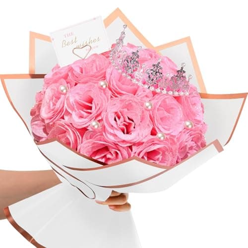 TLY Glitter Roses Bouquet,24 Pcs Pink Flower Bouquet,Birthday Gifts for Women,DIY Artificial Flowers for Mom Grandma Wife Girlfriend Mother's Day Graduation Anniversary Engagement Wedding