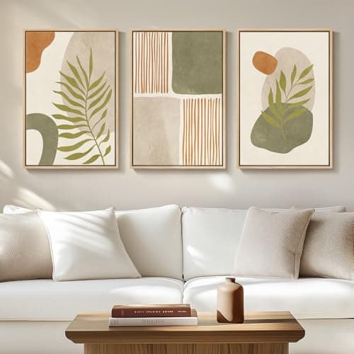 Framed Mid Century Modern Boho Wall Art Bedroom, 3 Piece Tropical Sage Green Paintings Prints Canvas Artwork for Walls, Large Modern Bohemian Pictures for Living Room Hallway Wall Decor, 16x24 Inch