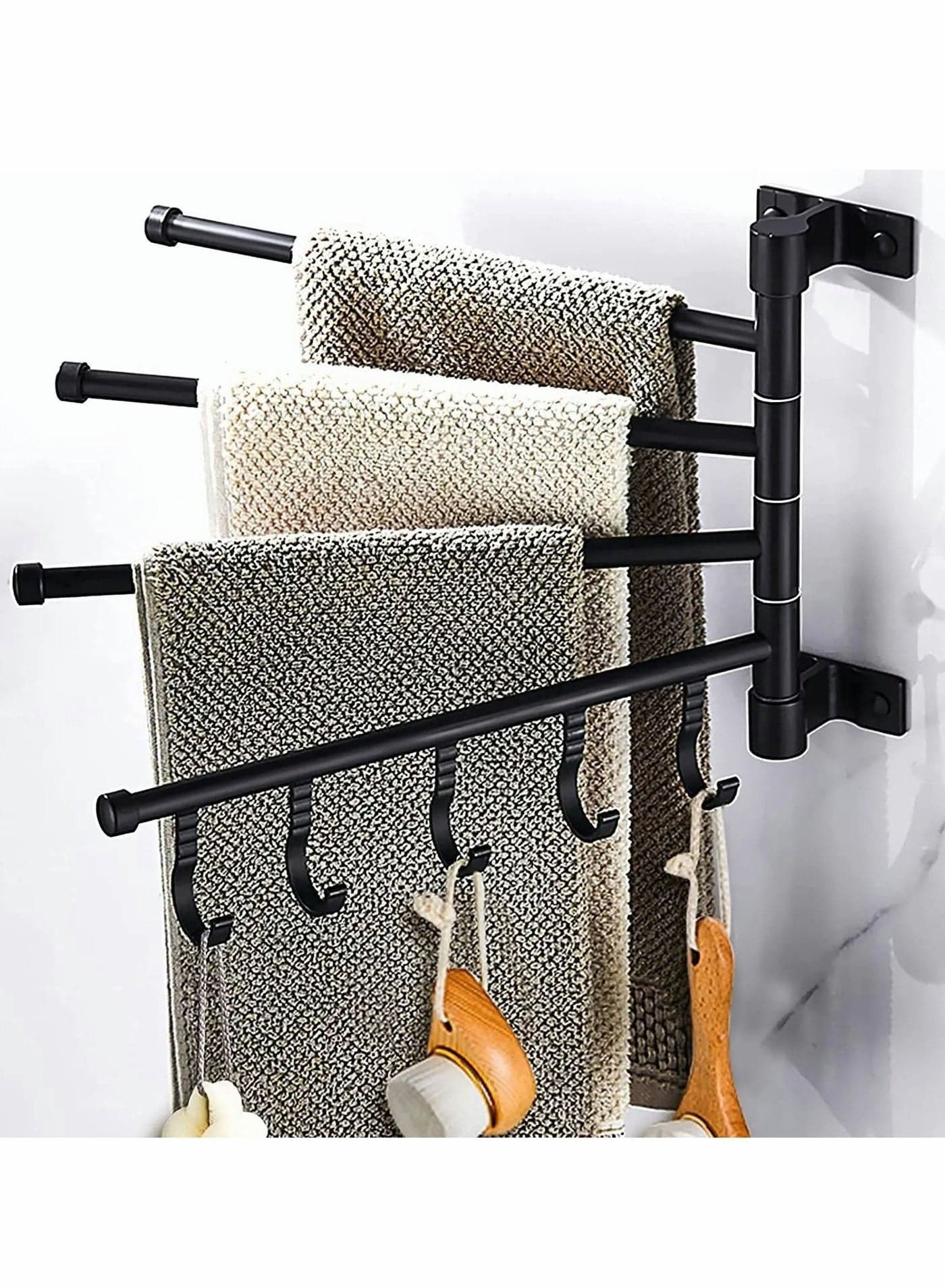 Swivel Towel Rack, 4-Arm Bathroom Wall Mounted Bars Holder with Hooks Rustproof 180° Rotation Organizer for Kitchen