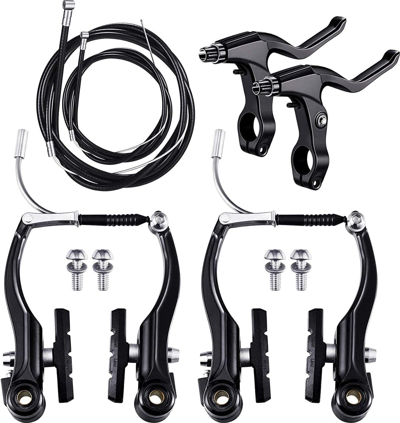 Leosportz Complete Cycle Brake Set - Front and Rear V Breaks with Pads, Brake Lever, and Cables | Compitable with Hybrid, Racer and Mountain Bikes (Compete Brake Set)
